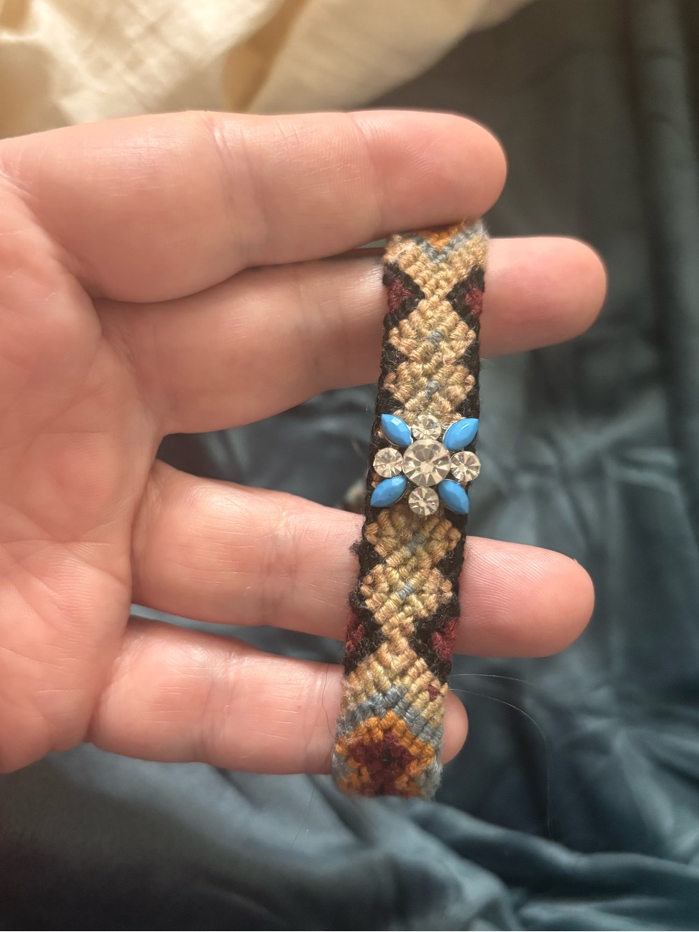 Boho Woven Bracelet with Turquoise Crystal Flower Accent. Retail $42